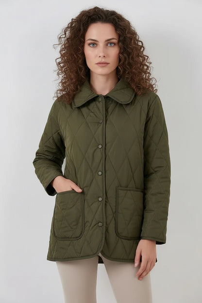 Kadın Klasik Yaka Kapitone Oversize Çift Renk Haki Mont