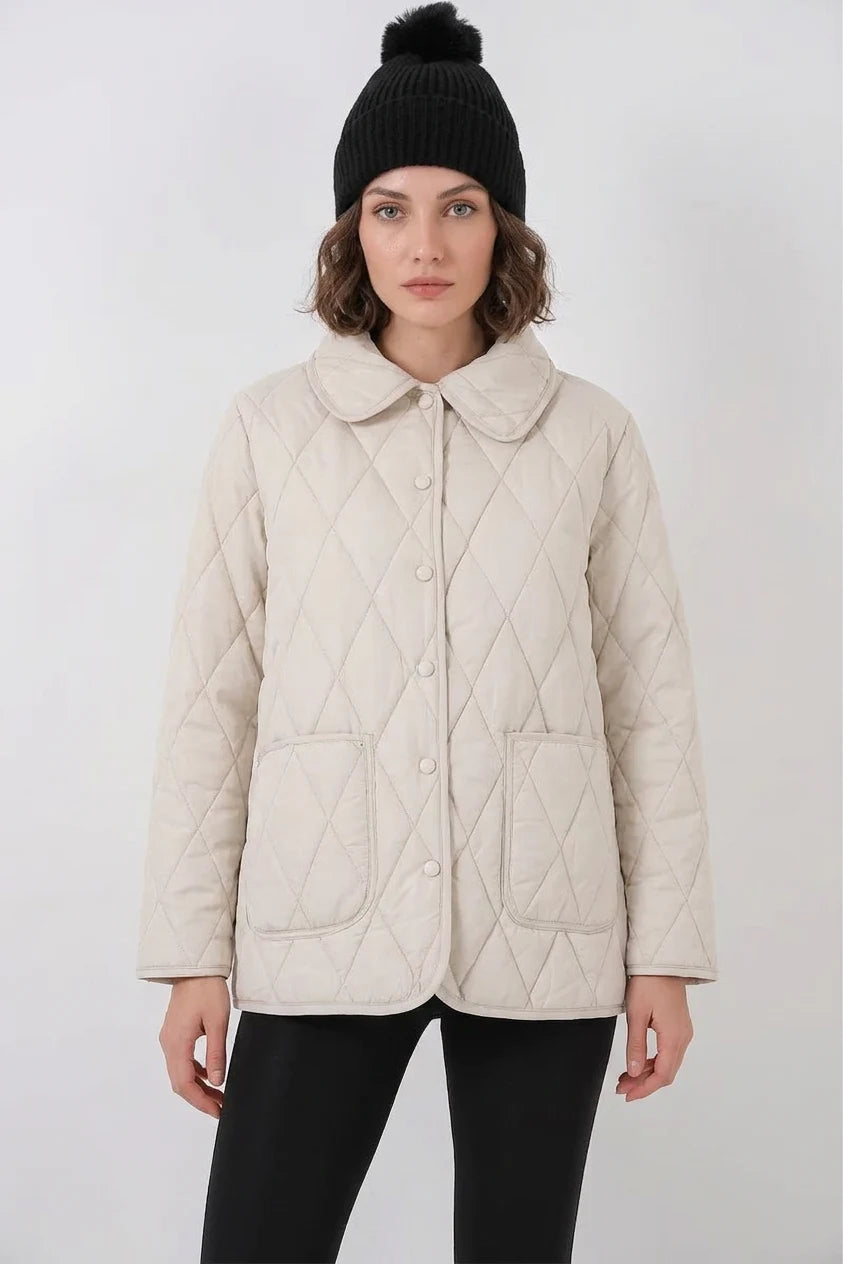 Kadın Gömlek Yaka Kapitone Çift Renk Oversize Ekru Mont