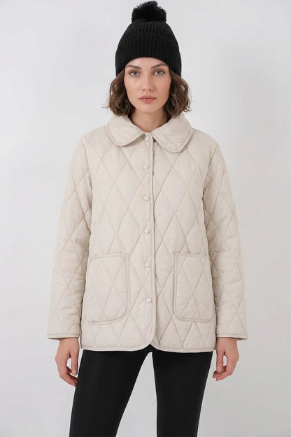 Kadın Gömlek Yaka Kapitone Çift Renk Oversize Ekru Mont