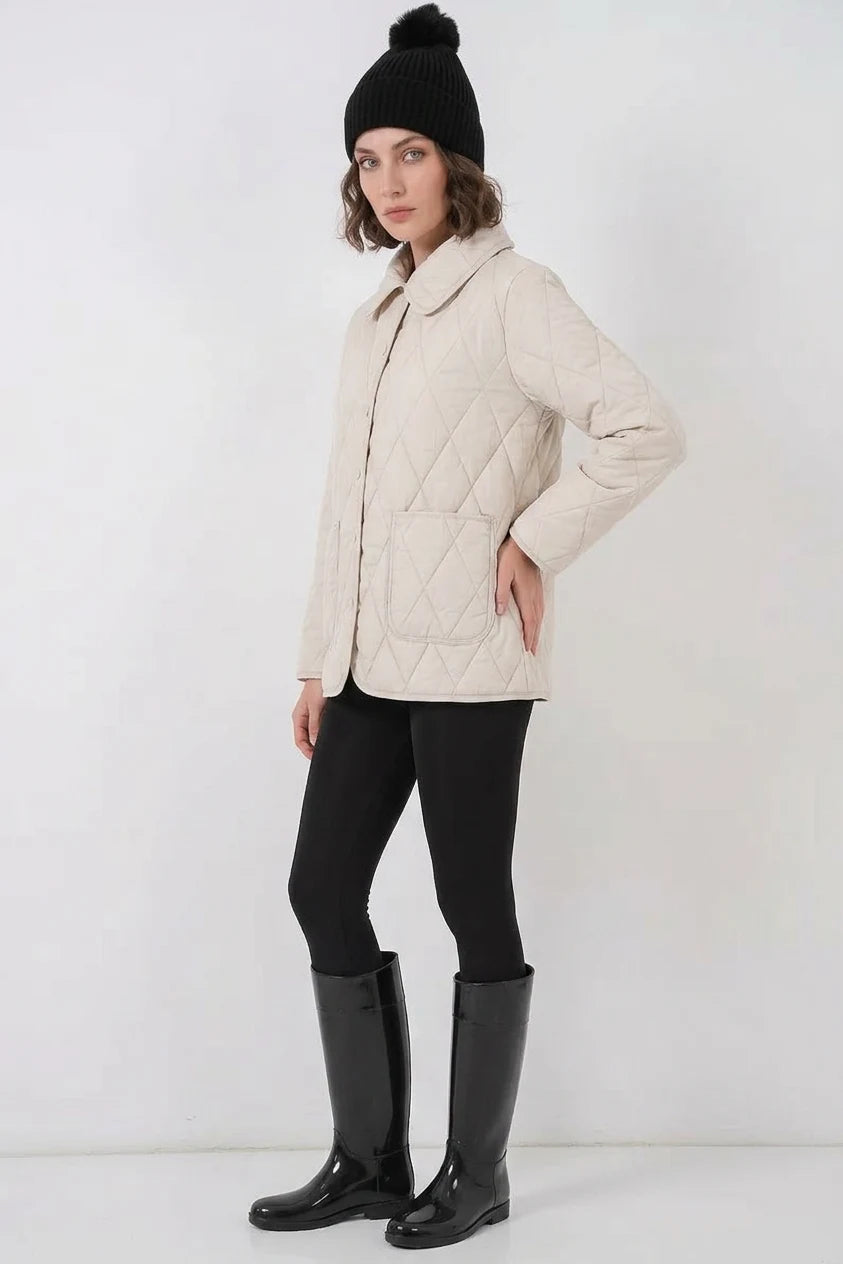 Kadın Gömlek Yaka Kapitone Çift Renk Oversize Ekru Mont