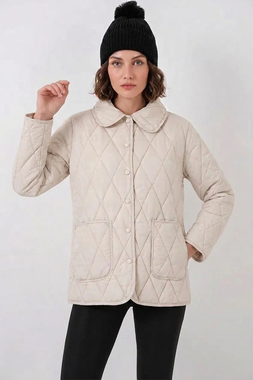 Kadın Gömlek Yaka Kapitone Çift Renk Oversize Ekru Mont