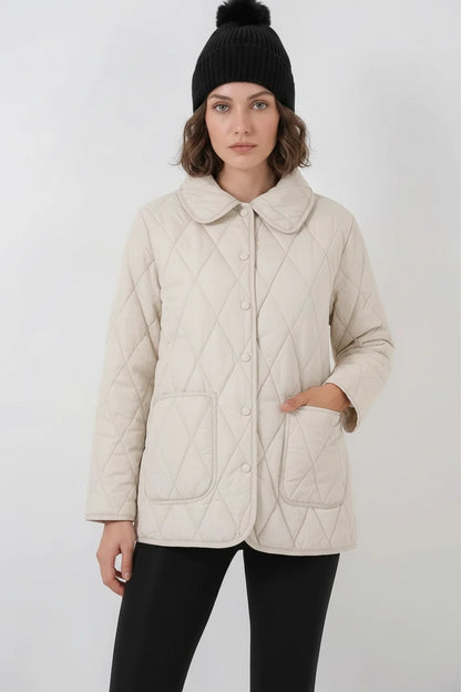 Kadın Gömlek Yaka Kapitone Çift Renk Oversize Ekru Mont