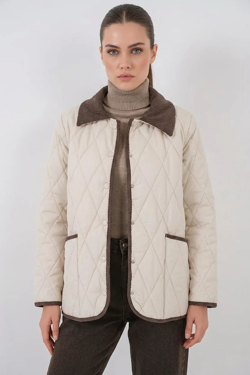 Kadın Gömlek Yaka Oversize Kapitone Çift Renk Ekru Kahve Mont