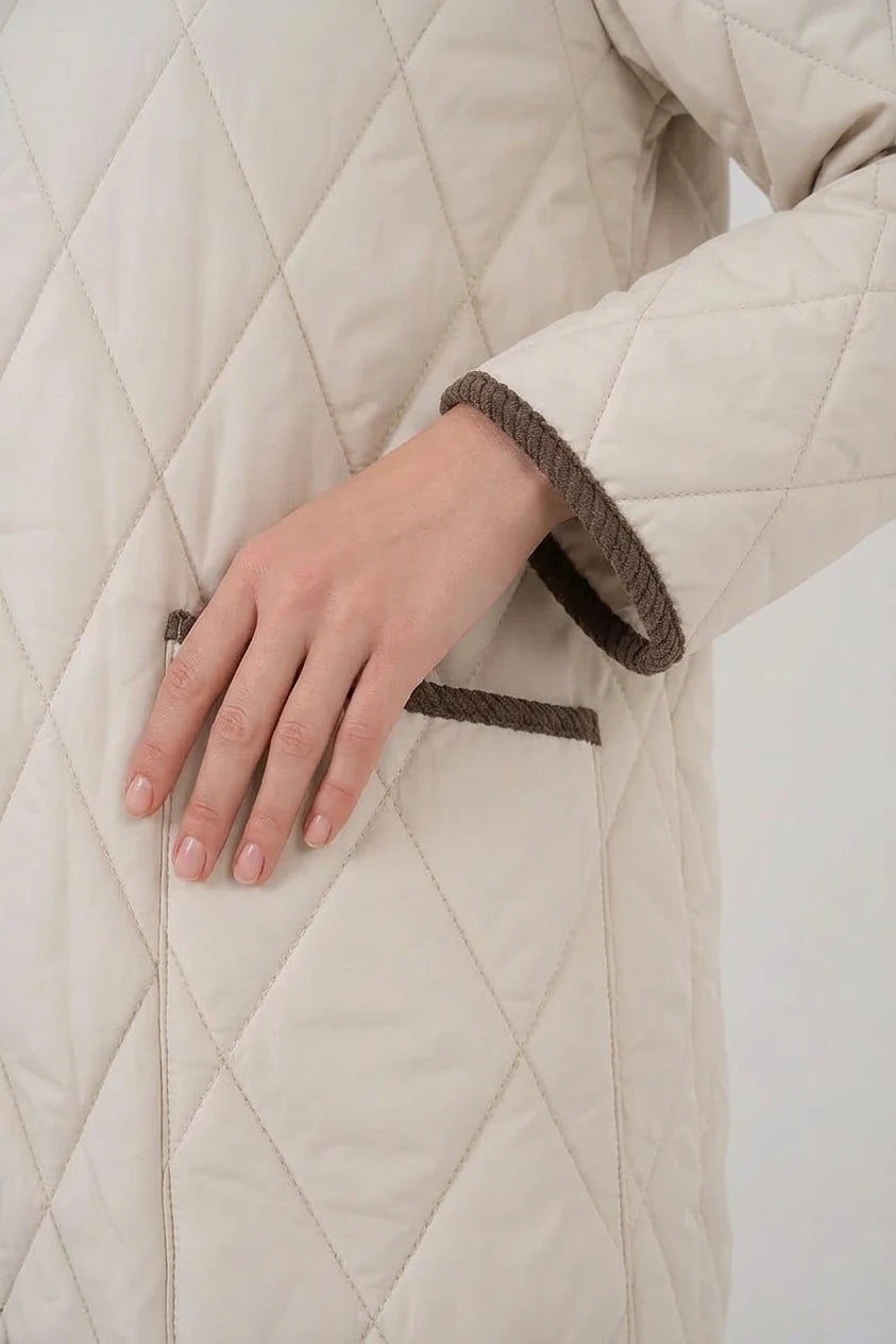 Kadın Gömlek Yaka Oversize Kapitone Çift Renk Ekru Kahve Mont