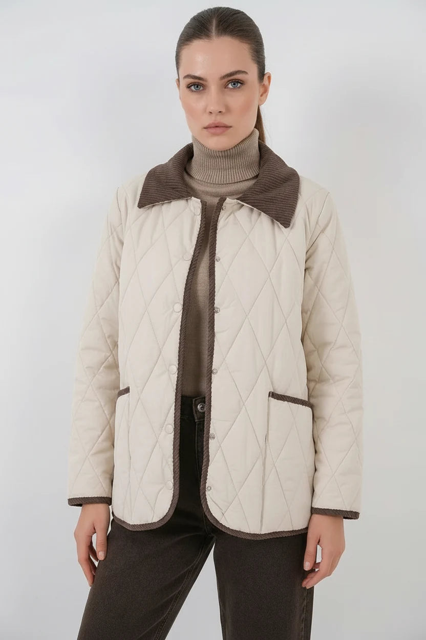 Kadın Gömlek Yaka Oversize Kapitone Çift Renk Ekru Kahve Mont