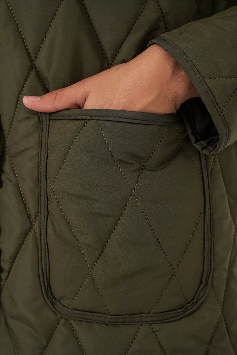 Kadın Klasik Yaka Kapitone Oversize Çift Renk Haki Mont