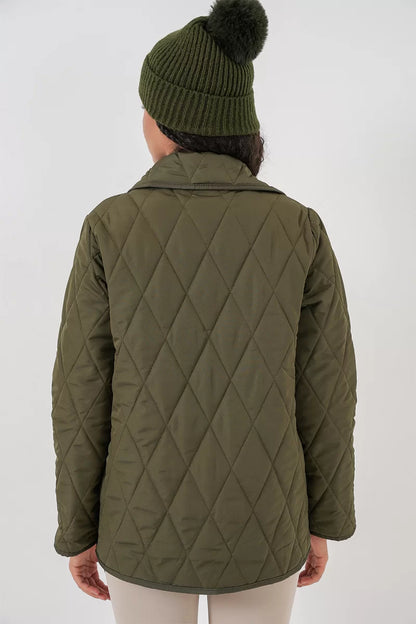 Kadın Klasik Yaka Kapitone Oversize Çift Renk Haki Mont