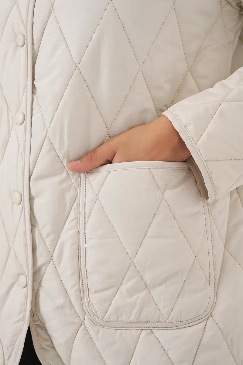 Kadın Gömlek Yaka Kapitone Çift Renk Oversize Ekru Mont