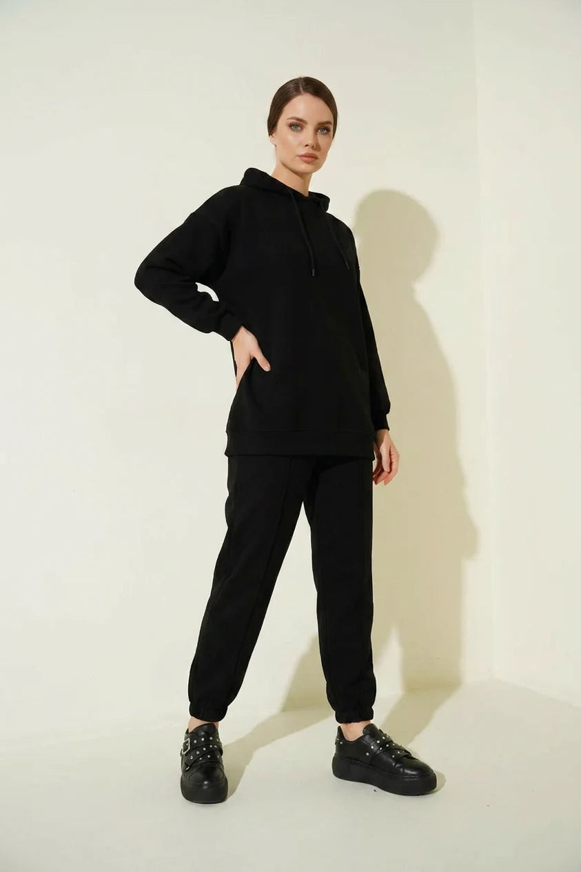 Kadın Kapüşonlu Normal Oversize Siyah Eşofman Takımı