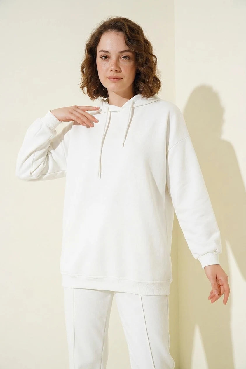 Kadın Kapüşonlu Normal Oversize Beyaz Eşofman Takımı