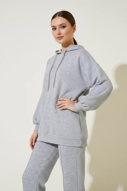 Kadın Kapüşonlu Beli Lastikli Oversize Gri Eşofman Takımı
