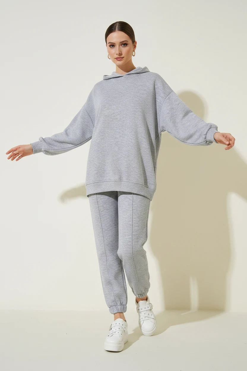 Kadın Kapüşonlu Beli Lastikli Oversize Gri Eşofman Takımı