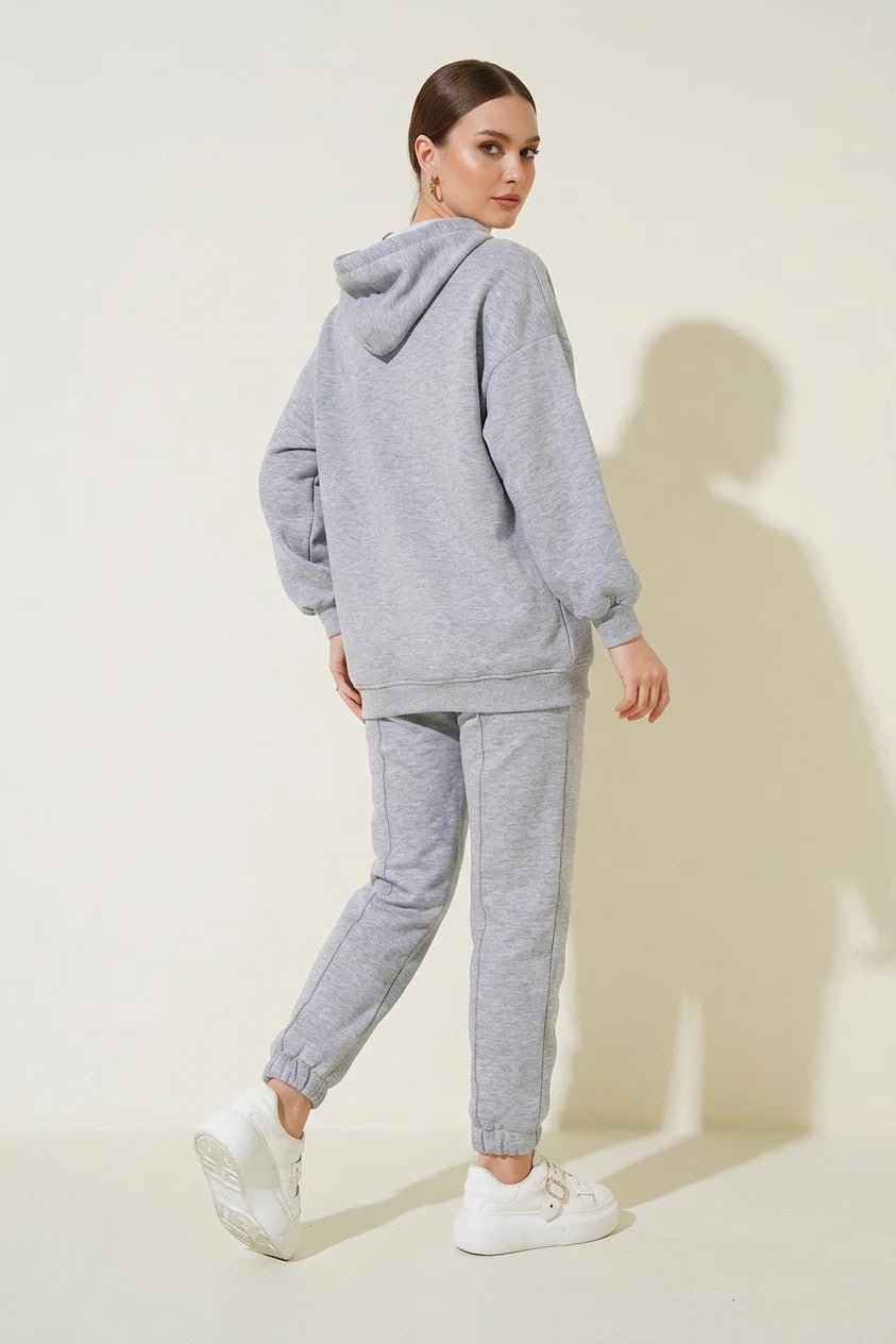 Kadın Kapüşonlu Beli Lastikli Oversize Gri Eşofman Takımı