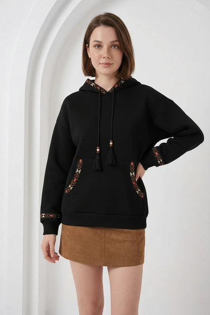 Kadın Kapüşonlu Fermuarlı Kordon Detaylı Oversize Nakışlı Siyah Sweatshirt