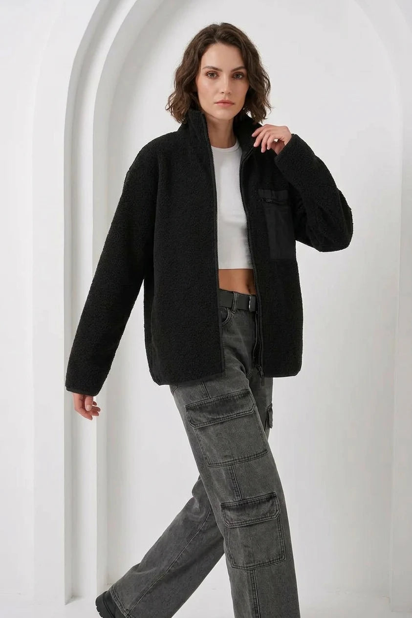 Kadın Yüksek Yaka Oversize Cep Detaylı Siyah Ceket