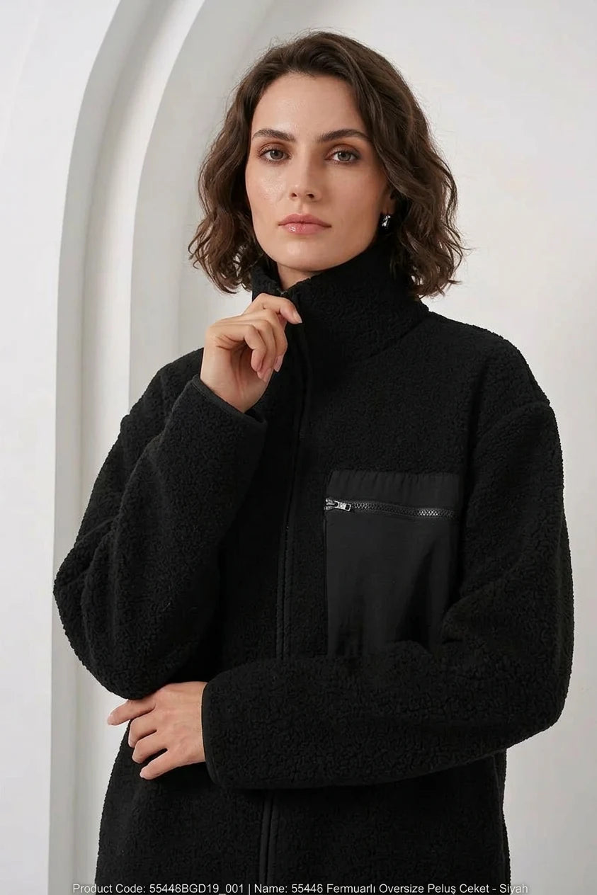 Kadın Yüksek Yaka Oversize Cep Detaylı Siyah Ceket