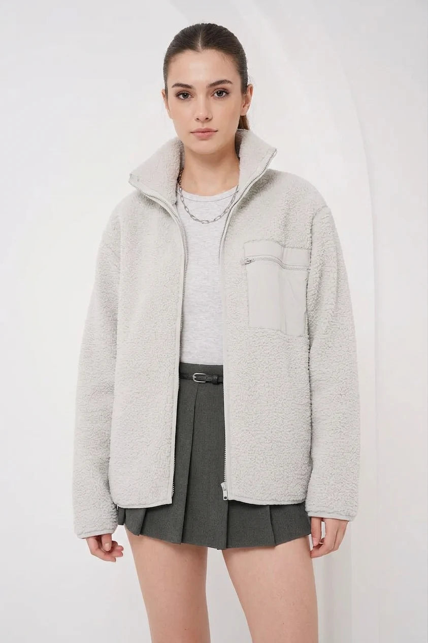 Kadın Yüksek Yaka Oversize Peluş Taş Ceket
