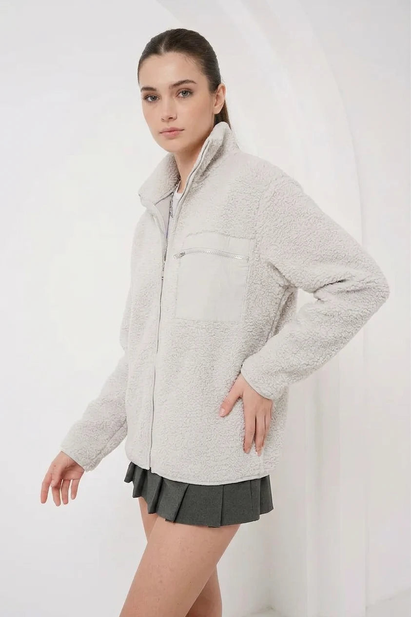 Kadın Yüksek Yaka Oversize Peluş Taş Ceket
