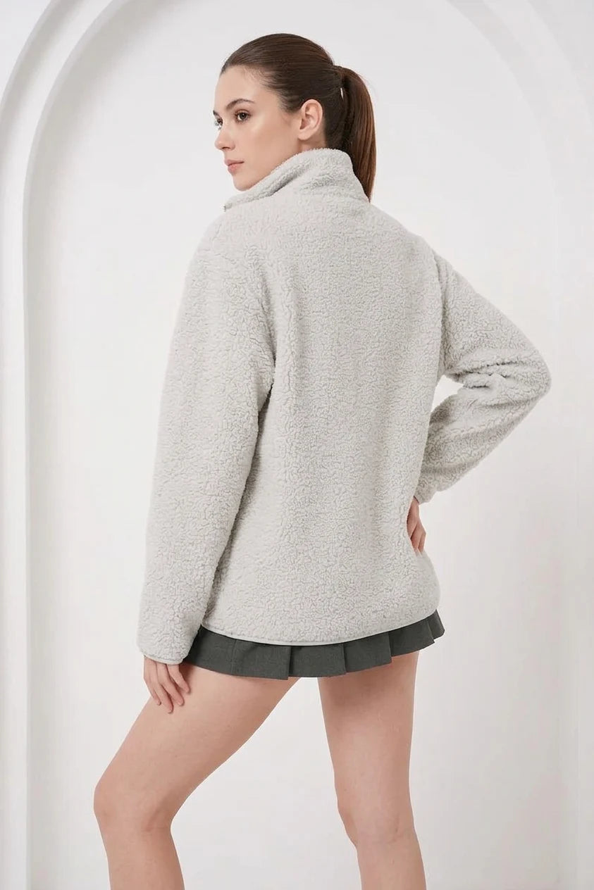 Kadın Yüksek Yaka Oversize Peluş Taş Ceket