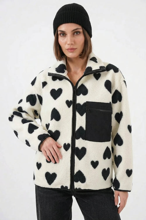 Kadın Dik Yaka Oversize Kalp Desenli Açık Beyaz Ceket