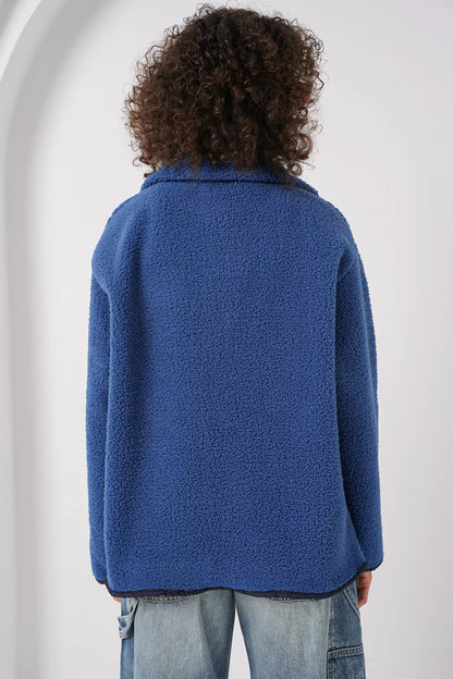 Kadın Dik Yaka Oversize Fermuarlı Cep Saks Ceket