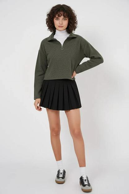 Kadın Klasik Yaka Düğmeli Pamuklu Haki Sweatshirt