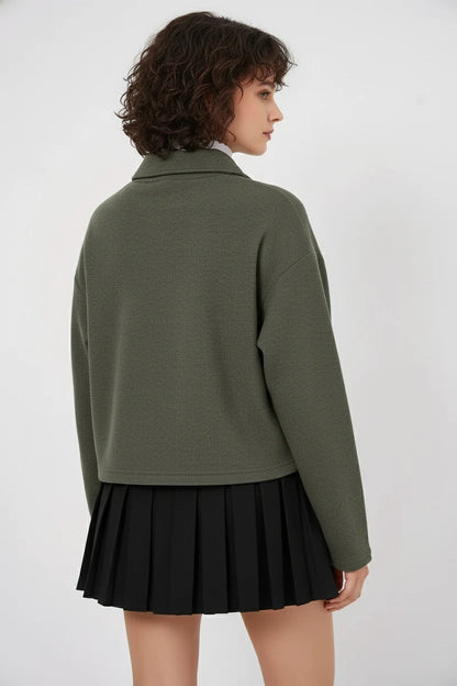Kadın Klasik Yaka Düğmeli Pamuklu Haki Sweatshirt