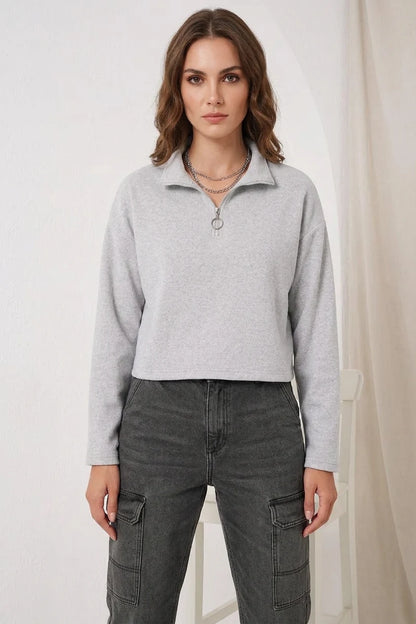 Kadın Fermuarlı Yaka Pamuklu Gri Sweatshirt