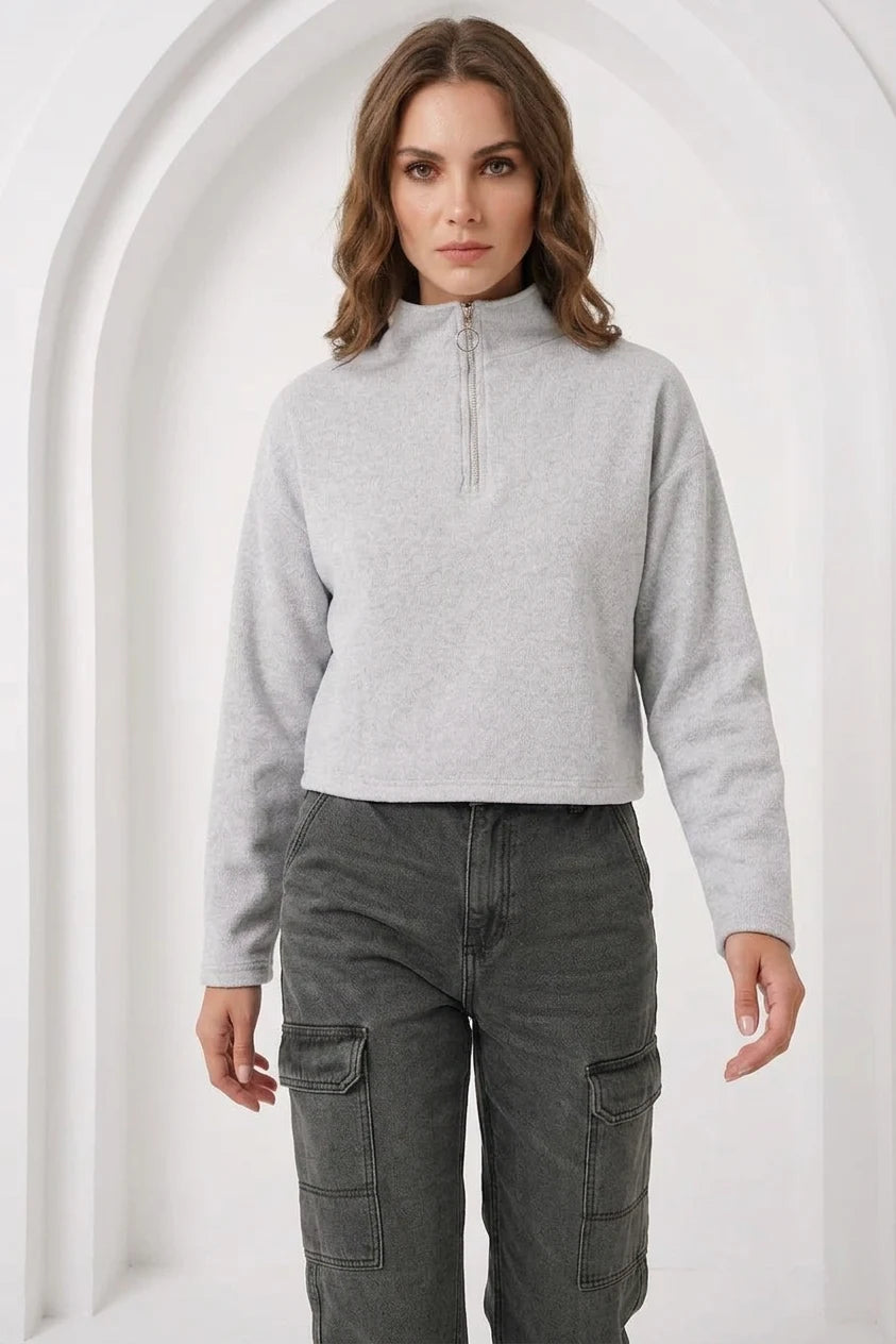 Kadın Fermuarlı Yaka Pamuklu Gri Sweatshirt