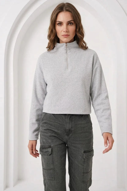 Kadın Fermuarlı Yaka Pamuklu Gri Sweatshirt
