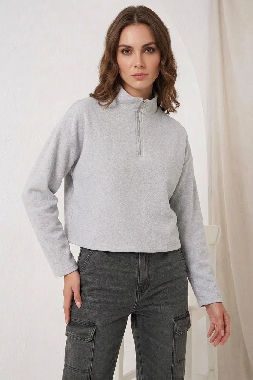Kadın Fermuarlı Yaka Pamuklu Gri Sweatshirt