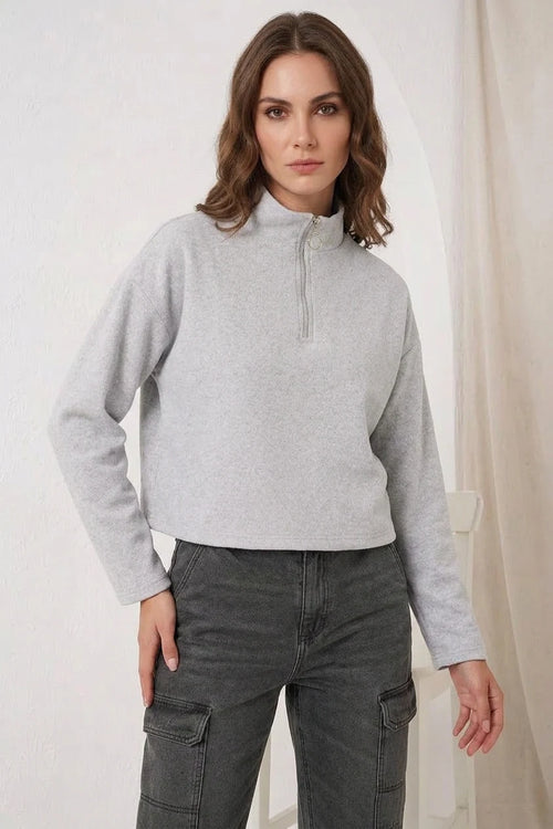 Kadın Fermuarlı Yaka Pamuklu Gri Sweatshirt