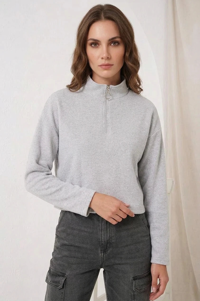 Kadın Fermuarlı Yaka Pamuklu Gri Sweatshirt