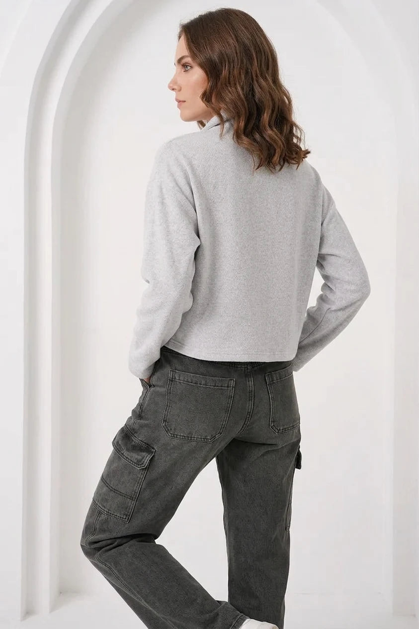 Kadın Fermuarlı Yaka Pamuklu Gri Sweatshirt