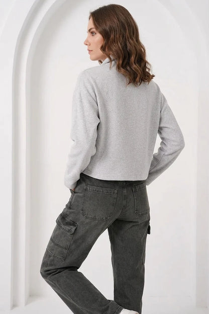 Kadın Fermuarlı Yaka Pamuklu Gri Sweatshirt