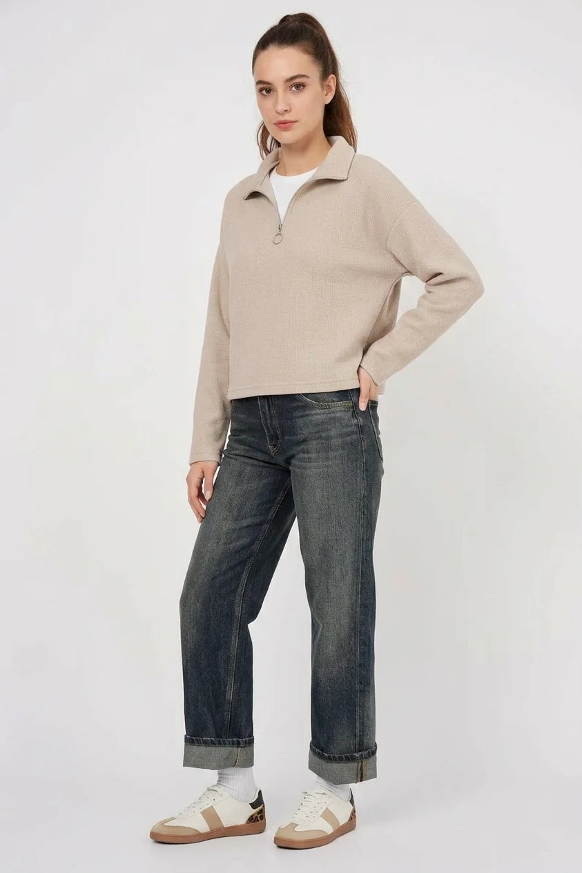 Kadın Fermuarlı Yaka Pamuklu Krem Sweatshirt