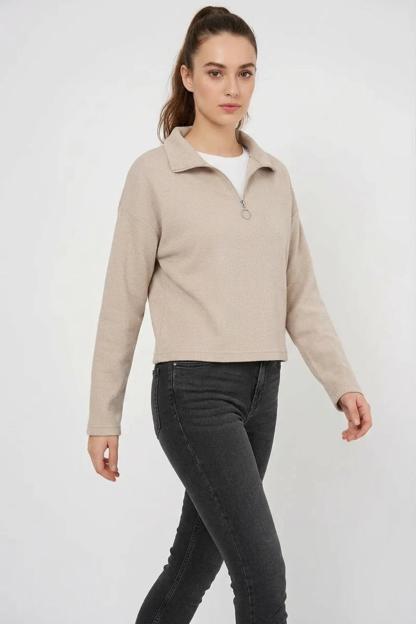 Kadın Fermuarlı Yaka Pamuklu Krem Sweatshirt