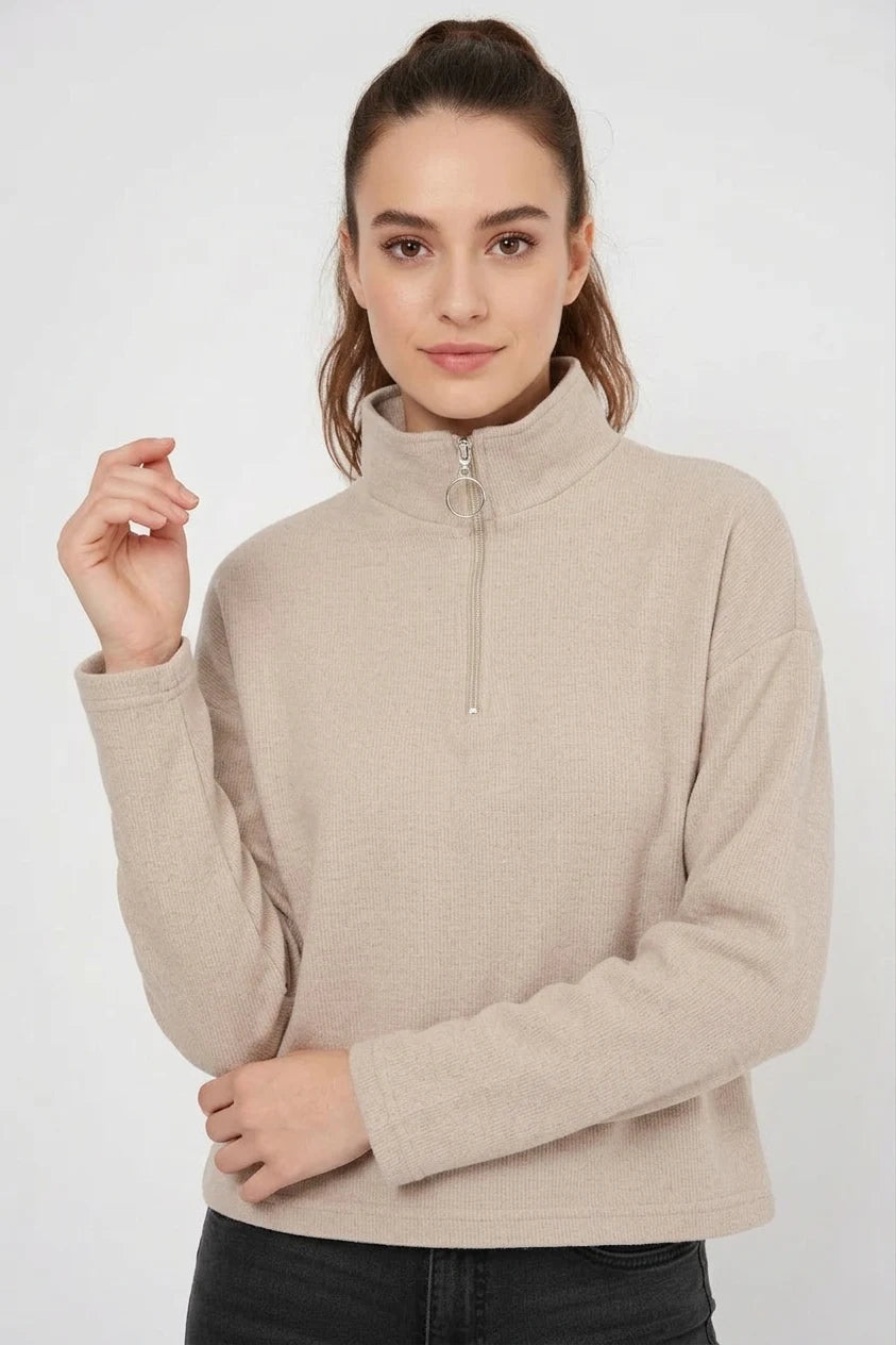Kadın Fermuarlı Yaka Pamuklu Krem Sweatshirt