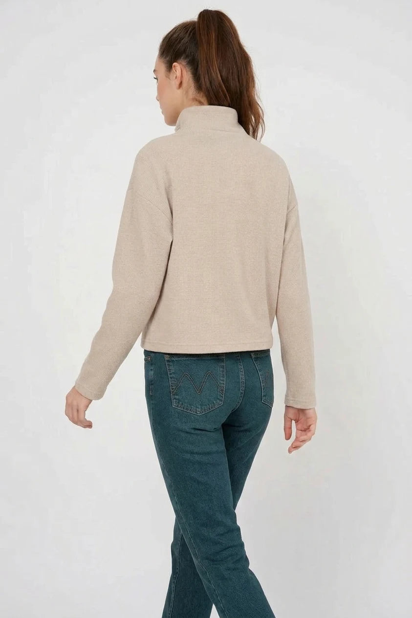 Kadın Fermuarlı Yaka Pamuklu Krem Sweatshirt