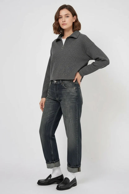 Kadın Yaka Fermuarli Pamuklu Antrasit Sweatshirt