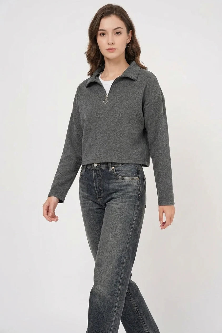 Kadın Yaka Fermuarli Pamuklu Antrasit Sweatshirt