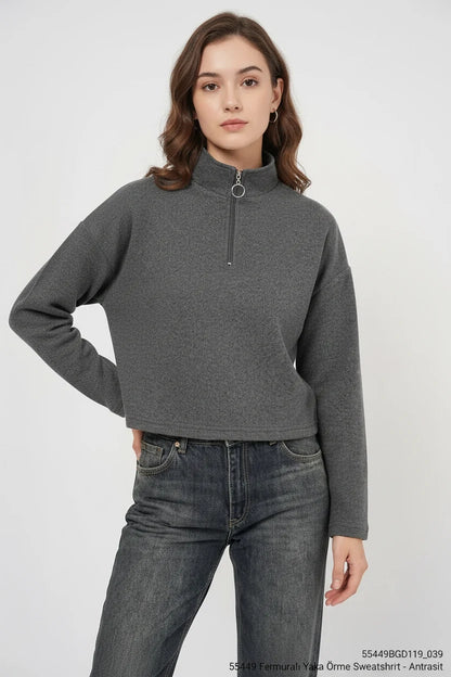 Kadın Yaka Fermuarli Pamuklu Antrasit Sweatshirt