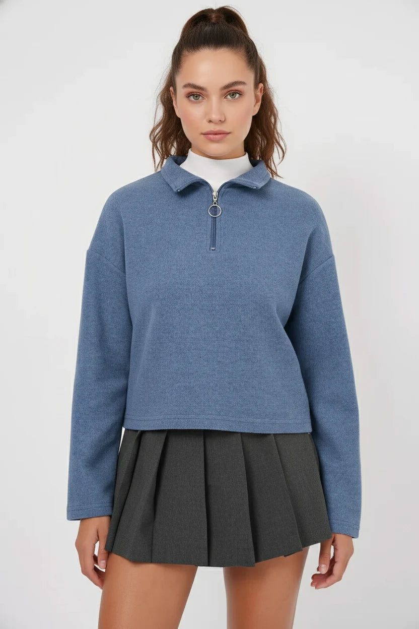 Kadın Fermuarli Yaka Pamuklu İndigo Sweatshirt