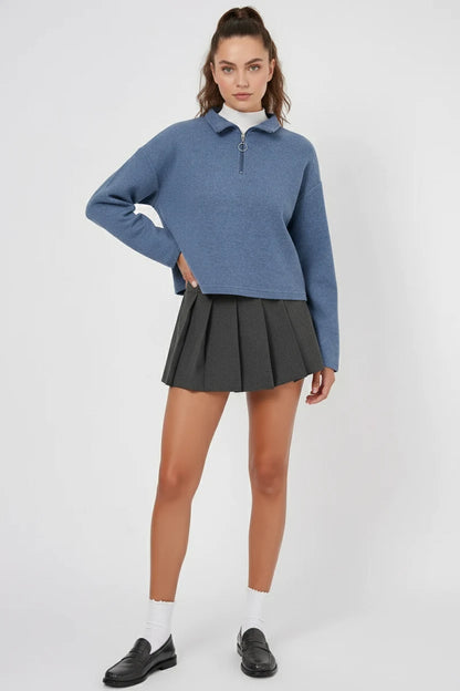 Kadın Fermuarli Yaka Pamuklu İndigo Sweatshirt