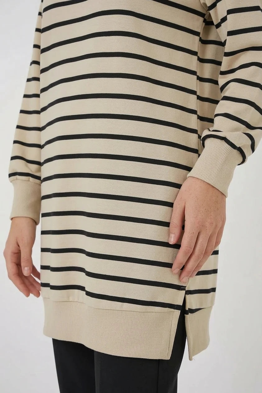 Kadın Bisiklet Yaka Çizgili Viskon Siyah Tesettür Tunik