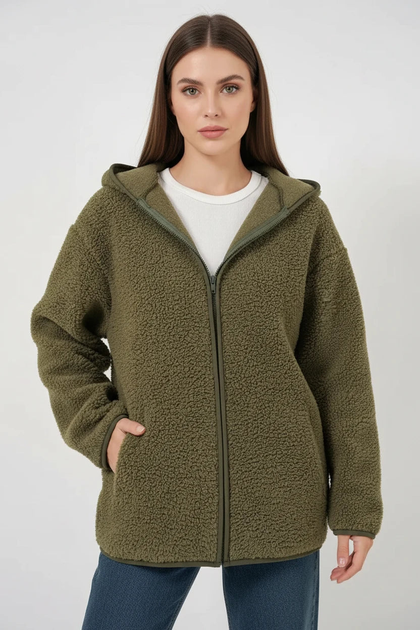 Kadın Kapüşonlu Oversize Haki Ceket