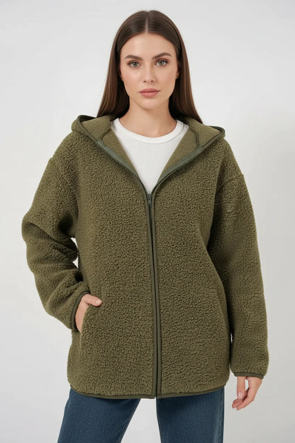 Kadın Kapüşonlu Oversize Haki Ceket
