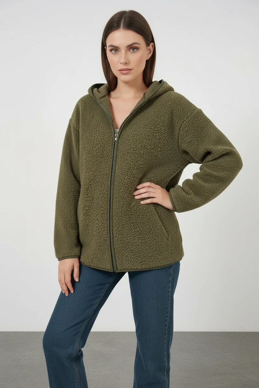 Kadın Kapüşonlu Oversize Haki Ceket