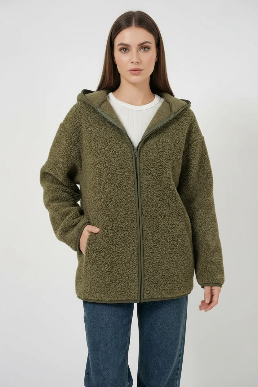 Kadın Kapüşonlu Oversize Haki Ceket