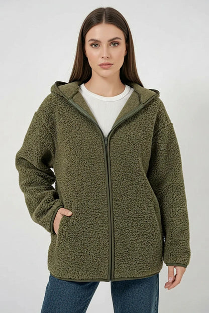 Kadın Kapüşonlu Oversize Haki Ceket